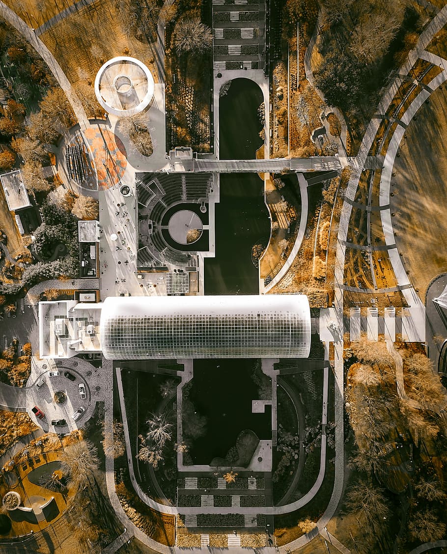 aerial photography of buildings surround by trees, bird's eye view photography of gray stadium HD wallpaper