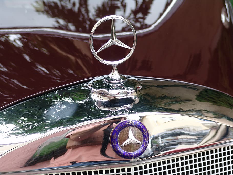 mercedes, star, oldtimer, reflection, close-up, car, day, focus on foreground HD wallpaper