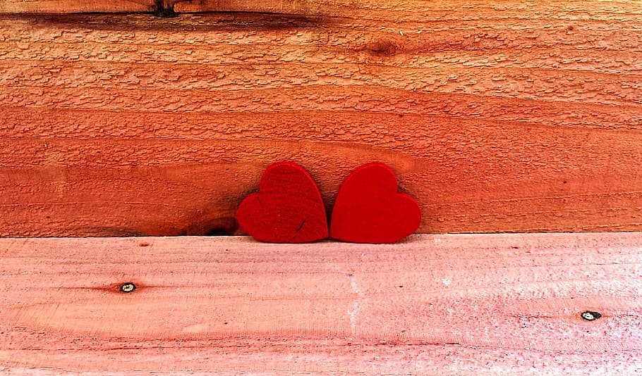 two red heart ornaments, hearts, love, symbol, romance, day HD wallpaper