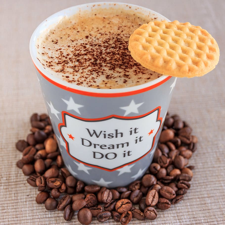 Wish it Dream it Do It caffe latte cup, coffee, coffee cup, cafe, HD wallpaper