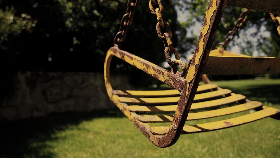 close-up photo of yellow bucket swing, old, oxide, rusty, old times, HD wallpaper