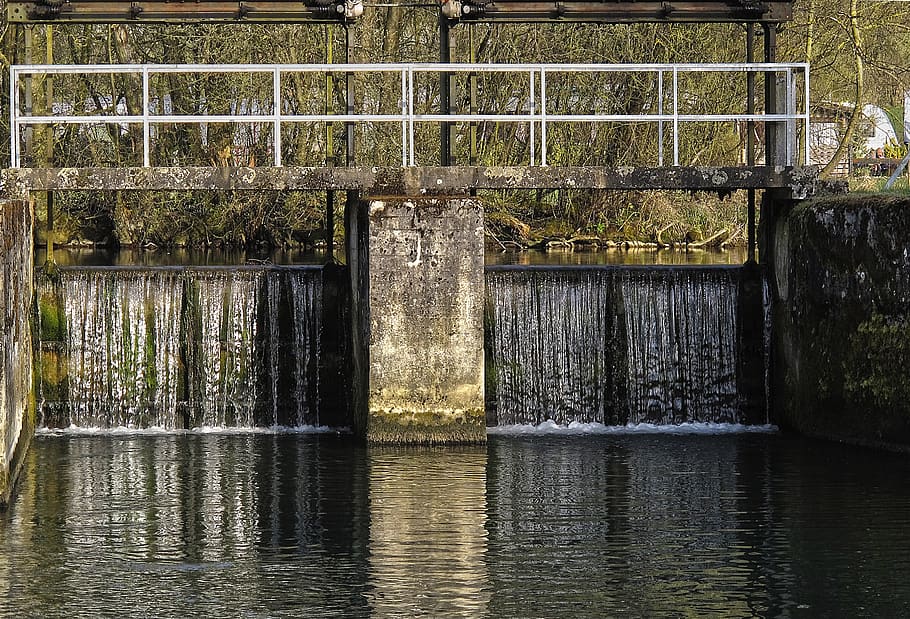 weir, bridge, waters, river, reflection, channel, overflow HD wallpaper