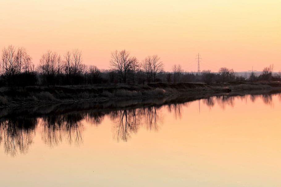 lake, trees, sunset, mirrored trees, landscape, nature, reflection HD wallpaper