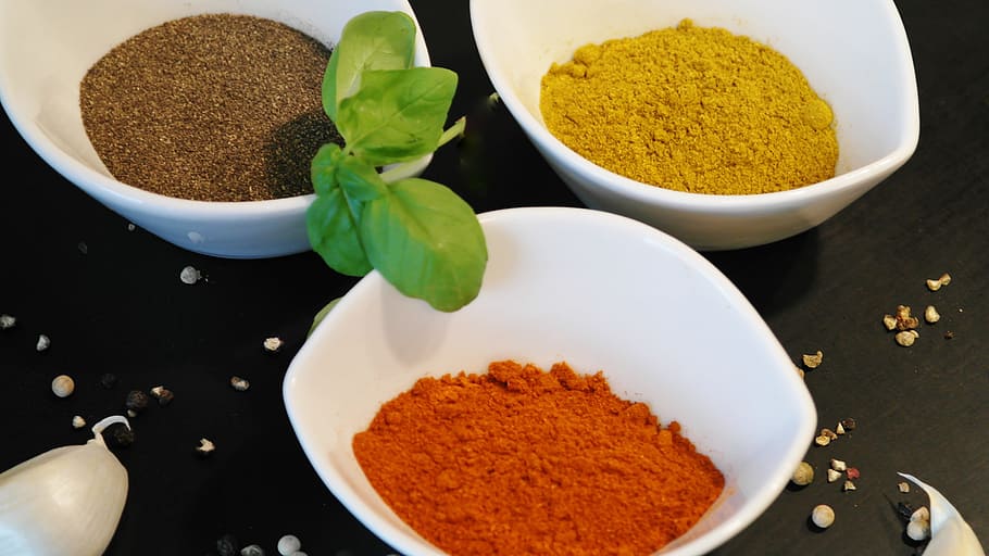 chili, ginger, and pepper powers on white ceramic bowls, Spices HD wallpaper