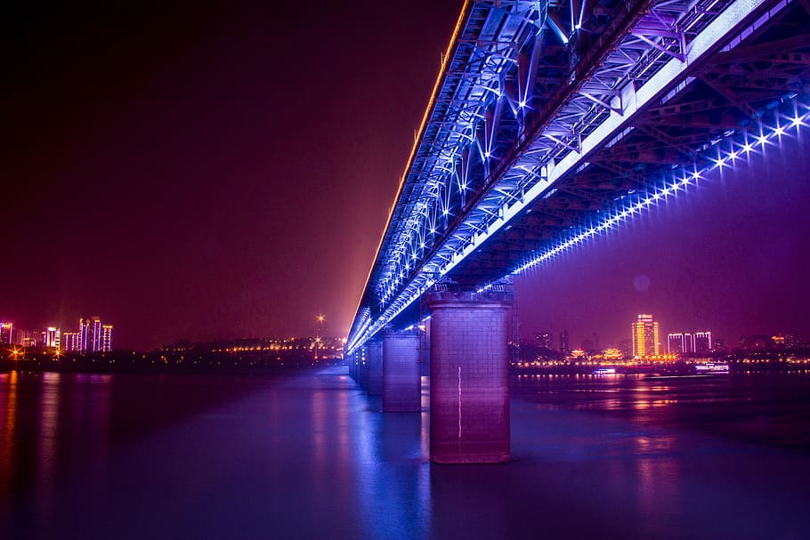 bridge, twilight, evening, illuminated, night, city, architecture HD wallpaper