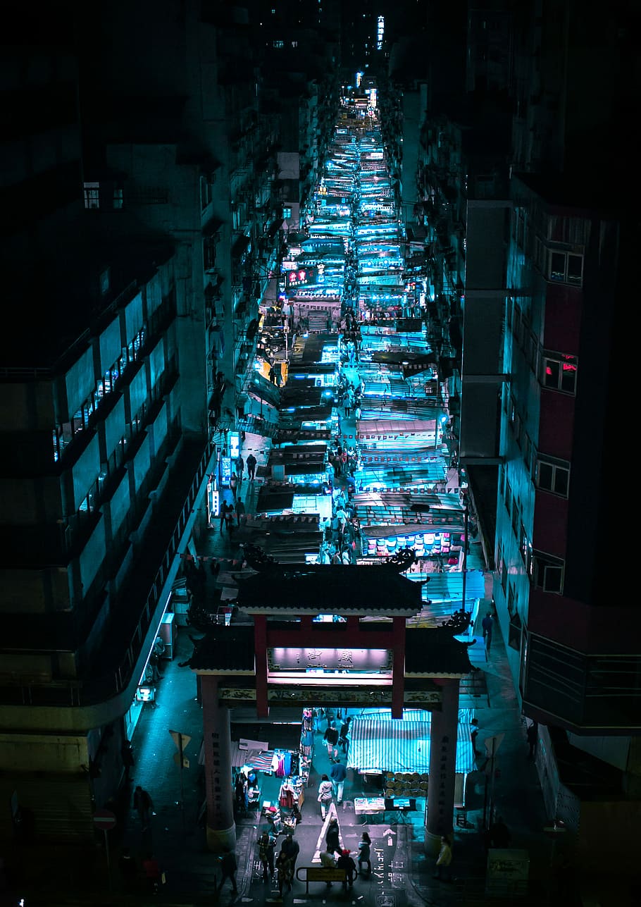 Night Market, Chinatown at night illustration, street, light