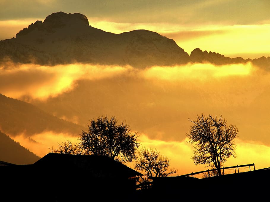 alpine, back light, abendstimmung, mountains, sun, evening mist HD wallpaper