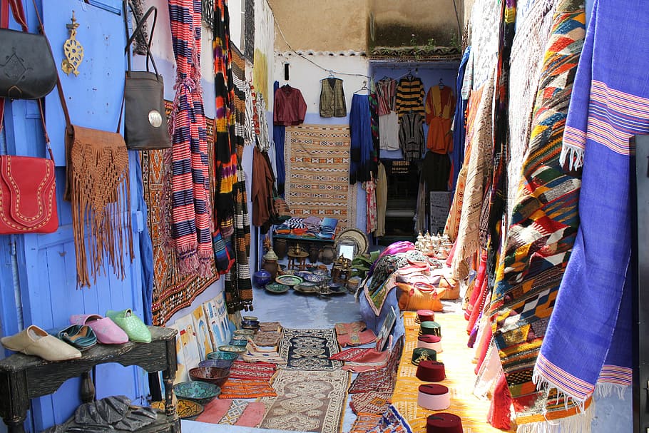 assorted items displaying inside room, morocco, chefchaouen, crafts