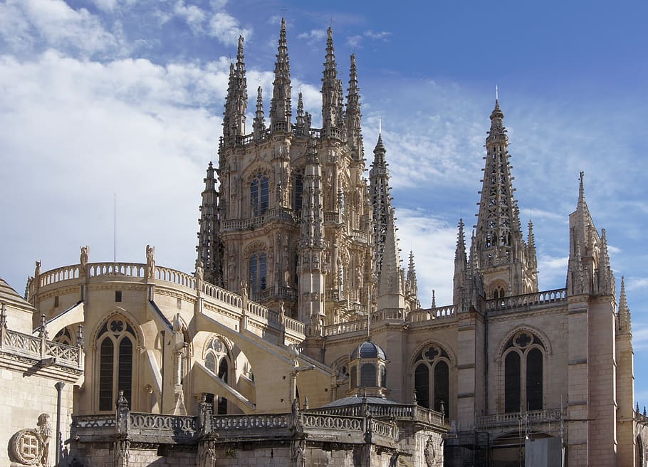 low angle view of cathedral, burgos, spain, sky, clouds, building HD wallpaper
