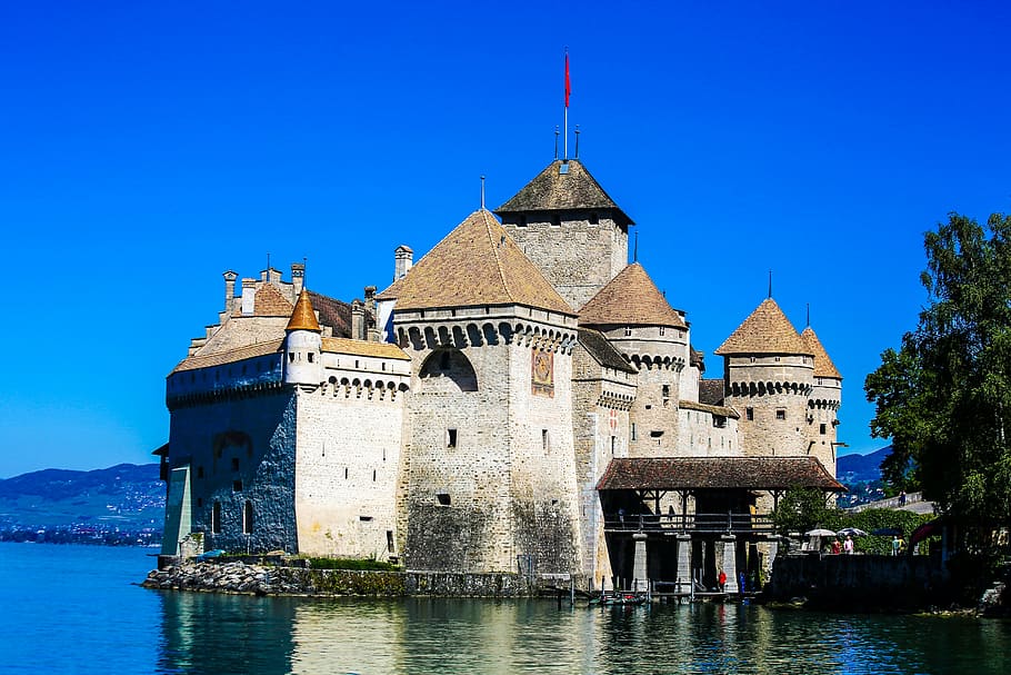 brown concrete house on body of water, swiss, travel, landscape, HD wallpaper