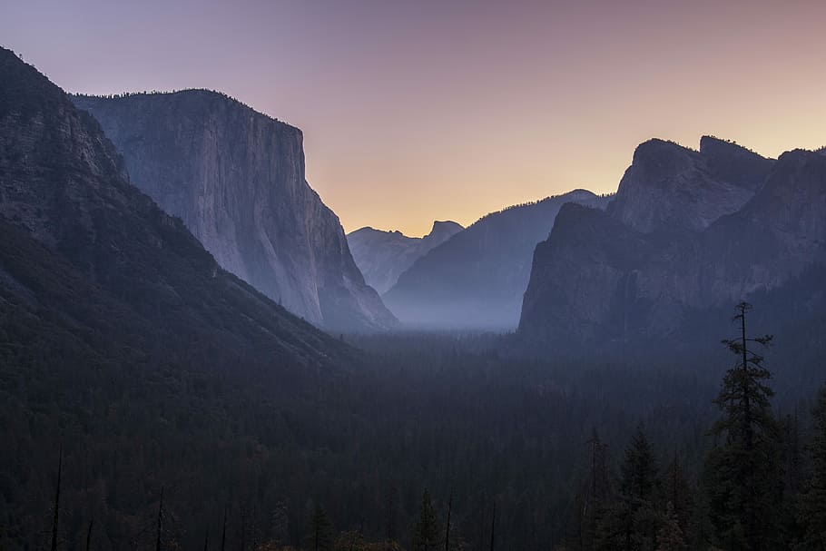 silhouette photography of mountain near forest, rock, cliff HD wallpaper