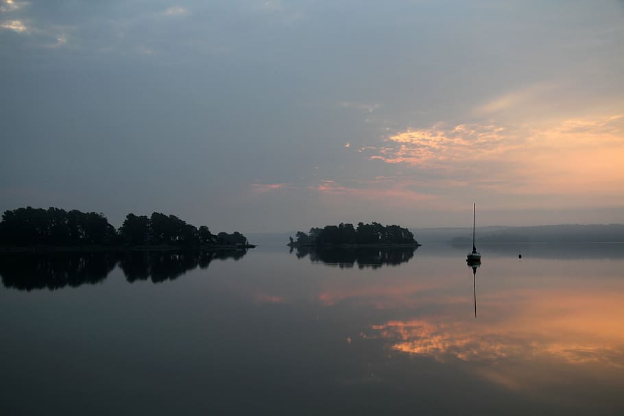 lake, himmel, pink, cloud, boats, still, mist, morning, dawn HD wallpaper