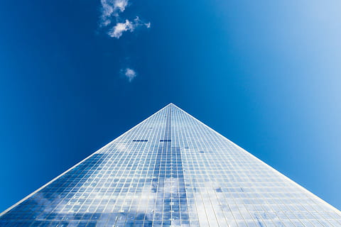worm's eye view of glass building, low angle view of high-rise building HD wallpaper