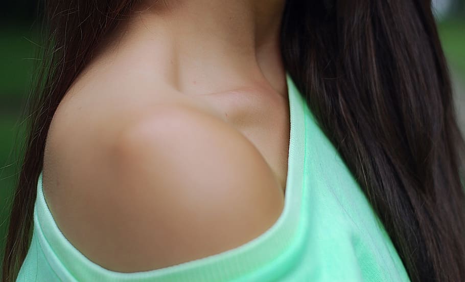 woman in teal off-shoulder top, Сollarbone, collarbone, women HD wallpaper