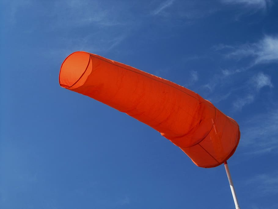 Windsock, Orange, Blowing, bright, deep blue sky, pole, red HD wallpaper