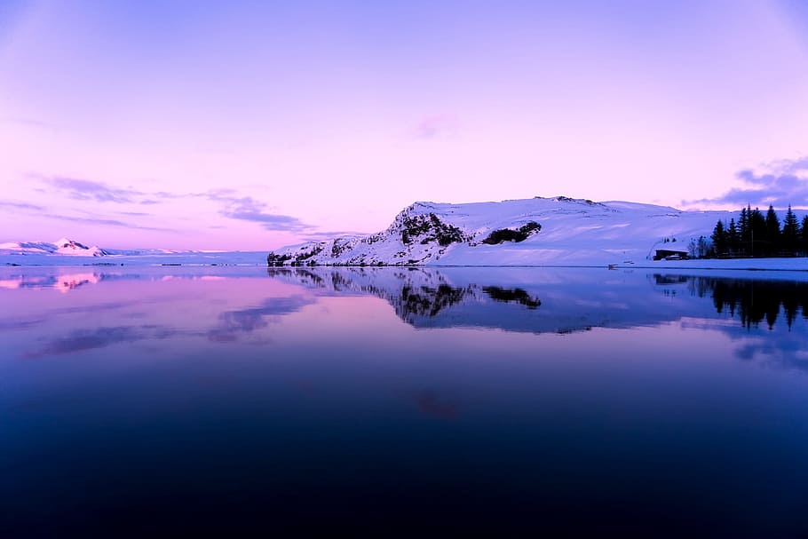cold, snow, dawn, nature, beautiful, clouds, dusk, evening, lake HD wallpaper
