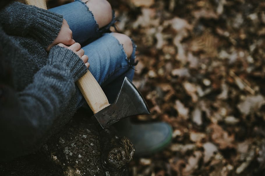 person holding axe, person sitting holding axe, boy, hands, ripped jeans HD wallpaper