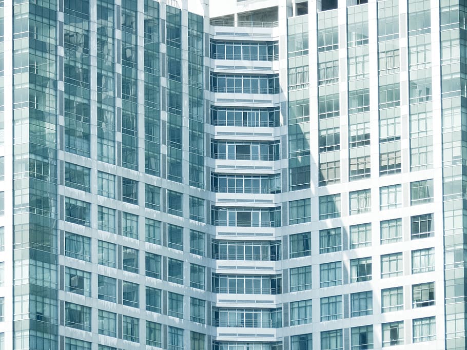 curtain wall building during daytime, window, high tower, blue HD wallpaper