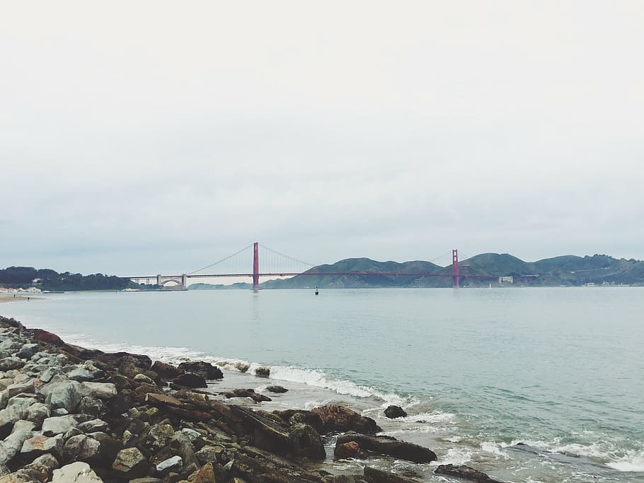 bay, baybridge, clouds, mountains, ocean, rocks, sa francisco HD wallpaper