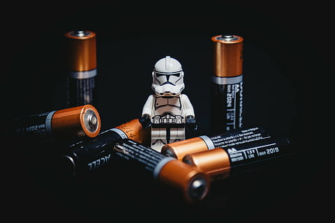 Star Wars Lego minifigure surrounded by batteries, shallow HD wallpaper