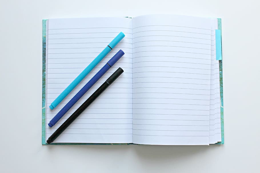 three color pens on top of notebook, notes, leave, diary, office HD wallpaper