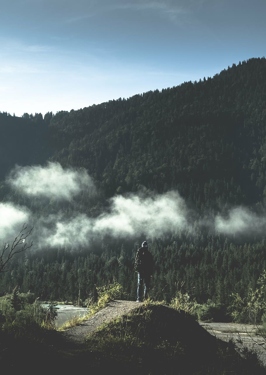 person standing on pathway facing in front of mountain, photo HD wallpaper