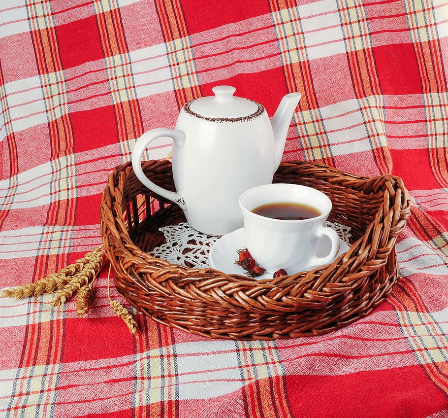 white ceramic teapot and cup of coffee on brown wicker tray HD wallpaper