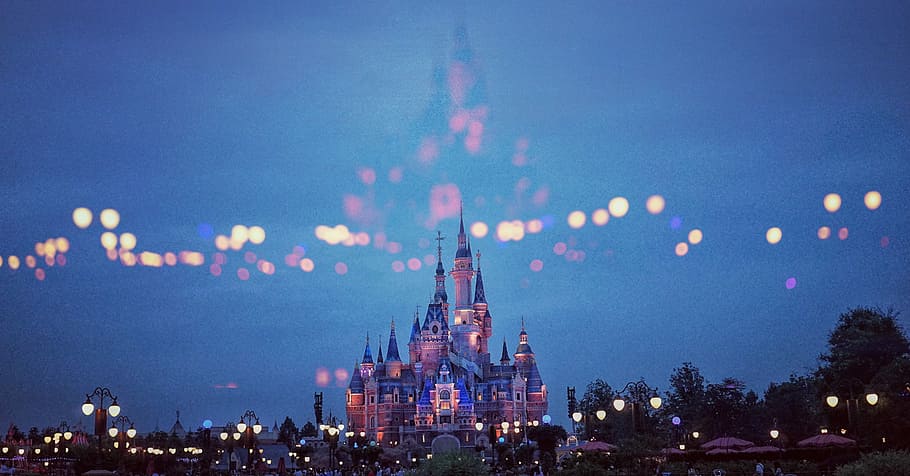 painting of building, Disney Land landscape photography, sky HD wallpaper