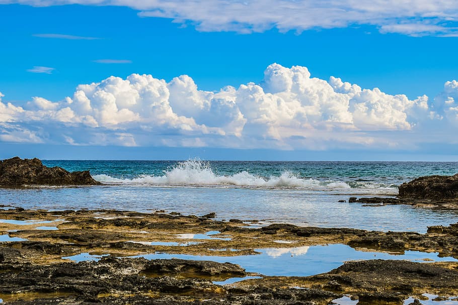 photography of body of water, rocky coast, wave, sky, clouds HD wallpaper