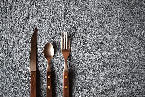 brown handled cutlery on grey surface, spoon, fork, knife, kitchen HD wallpaper