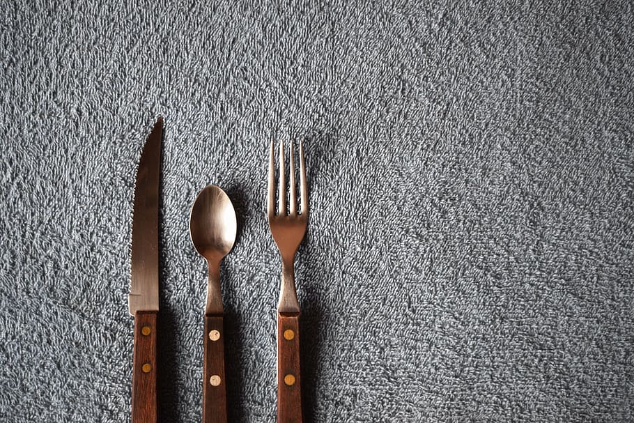brown handled cutlery on grey surface, spoon, fork, knife, kitchen, HD wallpaper