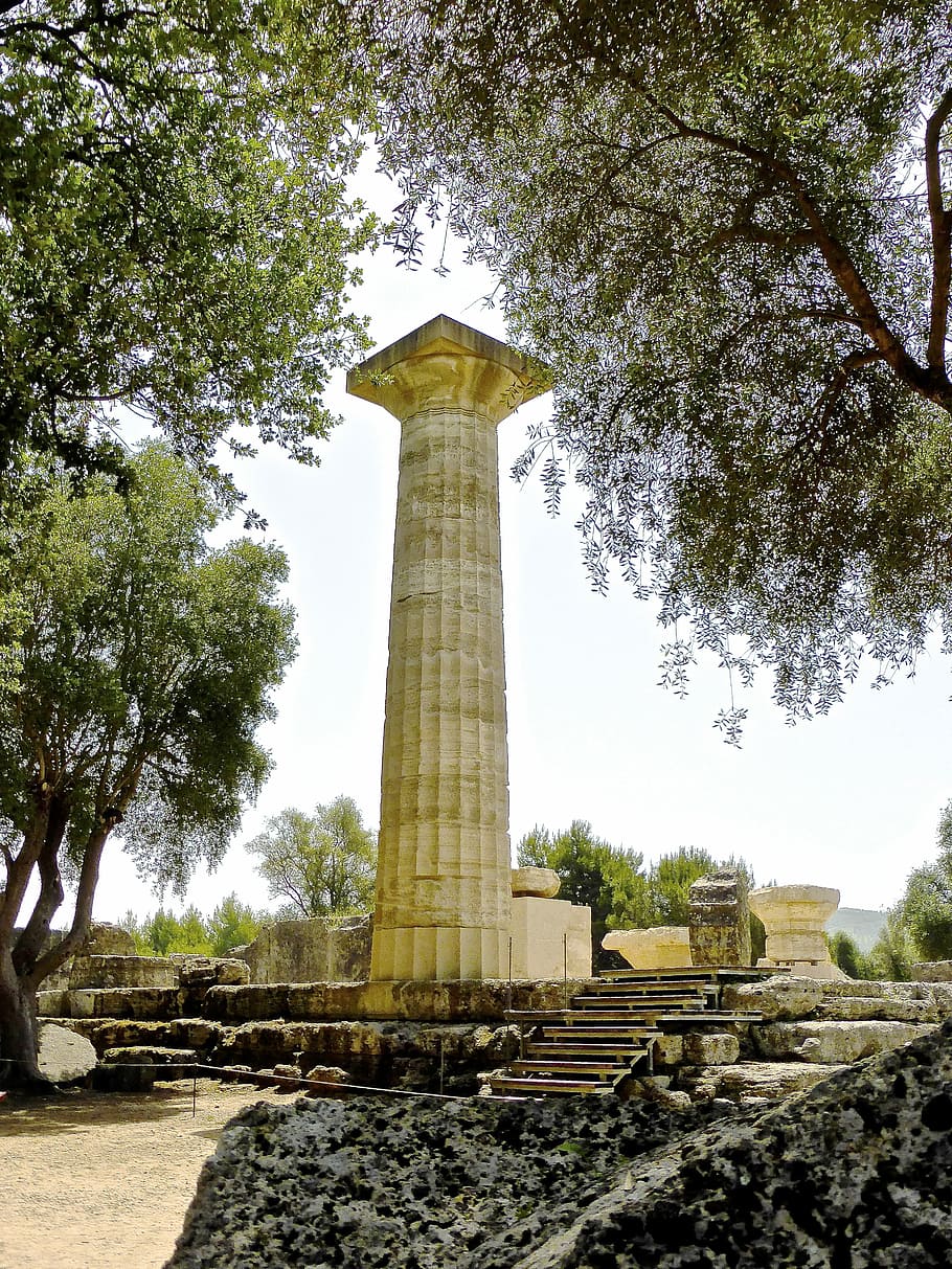 Column, Ruins, Roman, Stone, Olympia, ancient, history, temple, HD wallpaper