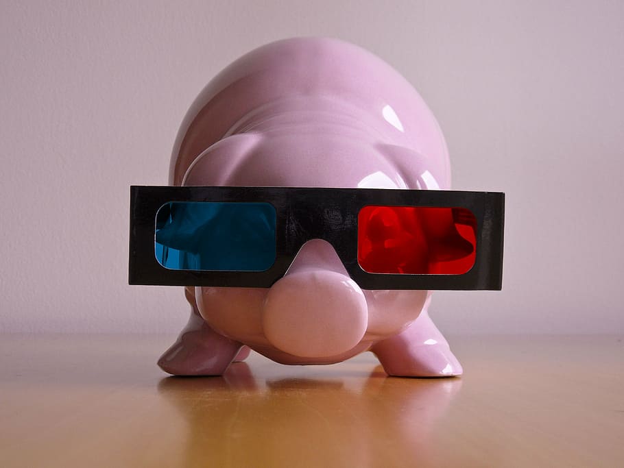 pink ceramic coin bank wearing blue, red, and black 3D glasses, HD wallpaper