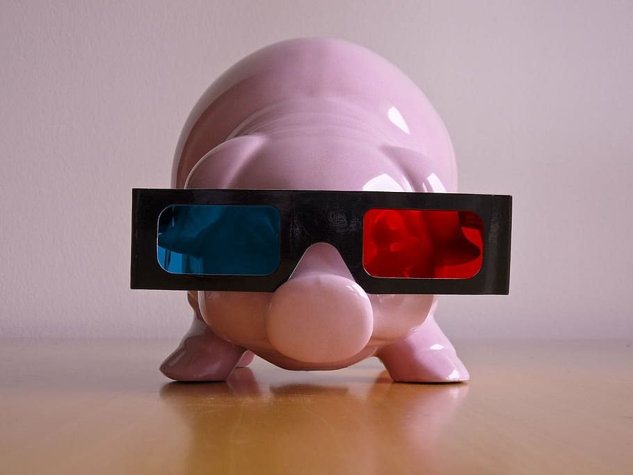 pink ceramic coin bank wearing blue, red, and black 3D glasses HD wallpaper