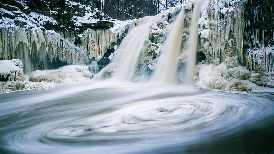 time lapse photography of waterfalls, cold, frost, motion, nature HD wallpaper