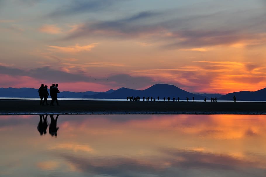 sunset, sea, beach, sky, cloud - sky, water, silhouette, beauty in nature HD wallpaper