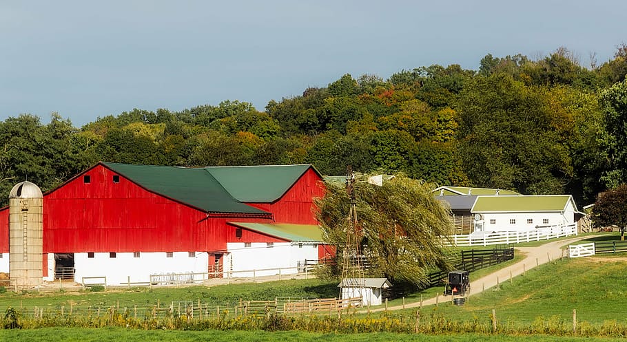 panoramic photo of houses, ohio, farm, red, barn, buildings, home, HD wallpaper