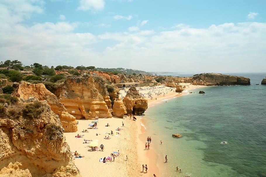 people on seashore, beach, vacations, sun, cliff, sand, summer HD wallpaper