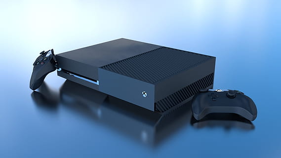 black Xbox One with two game controllers, 3d, blender, modeling HD wallpaper