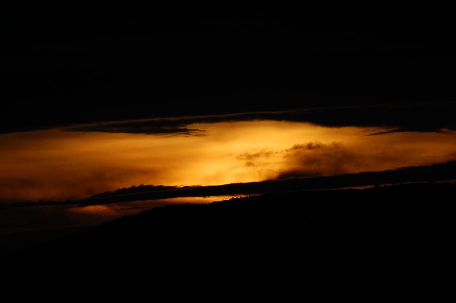 yellow sunset, silhouette of mountain scenery, trees, sundown HD wallpaper