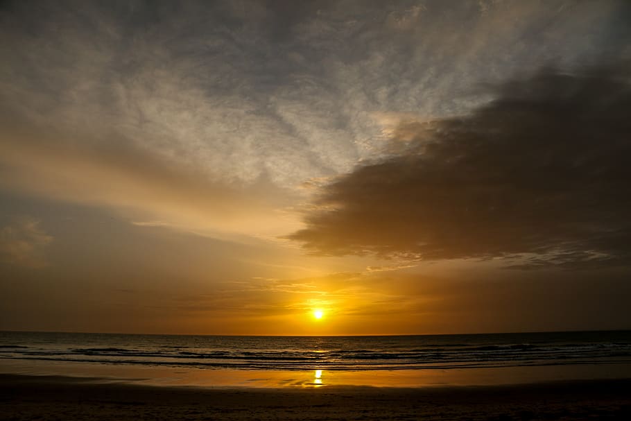 beach, sunset, orange sky, evening, sea, beauty in nature, tranquility HD wallpaper