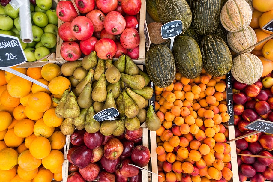 top view photo of produce stand, assorted kinds of fruits in baskets HD wallpaper