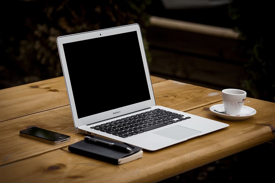 MacBook Air on brown wooden table, workstation, office, business, HD wallpaper