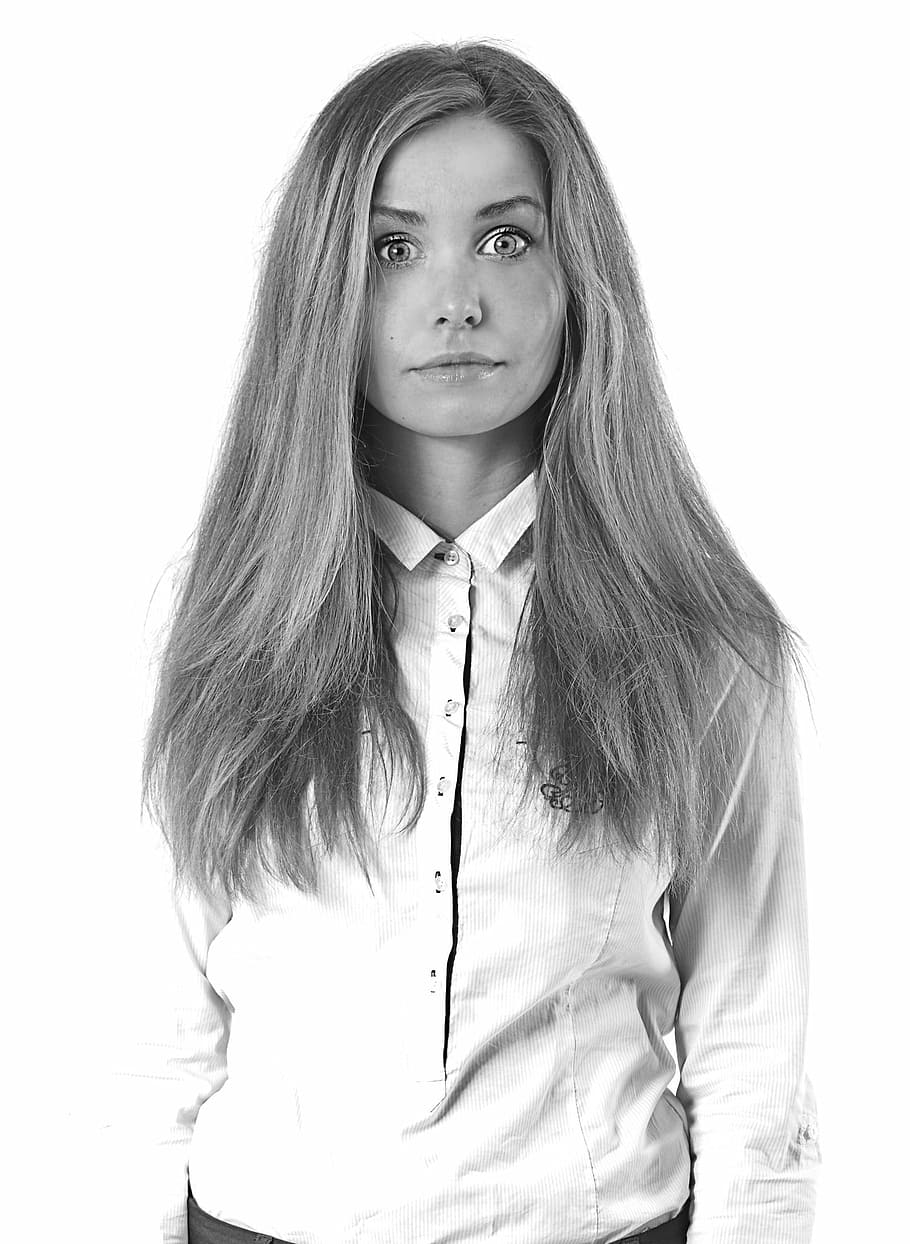 grayscale photo of woman in dress shirt, architecture, office HD wallpaper