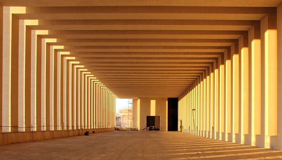 hallway, building, structure, foundation, girders, columns, columnar, HD wallpaper