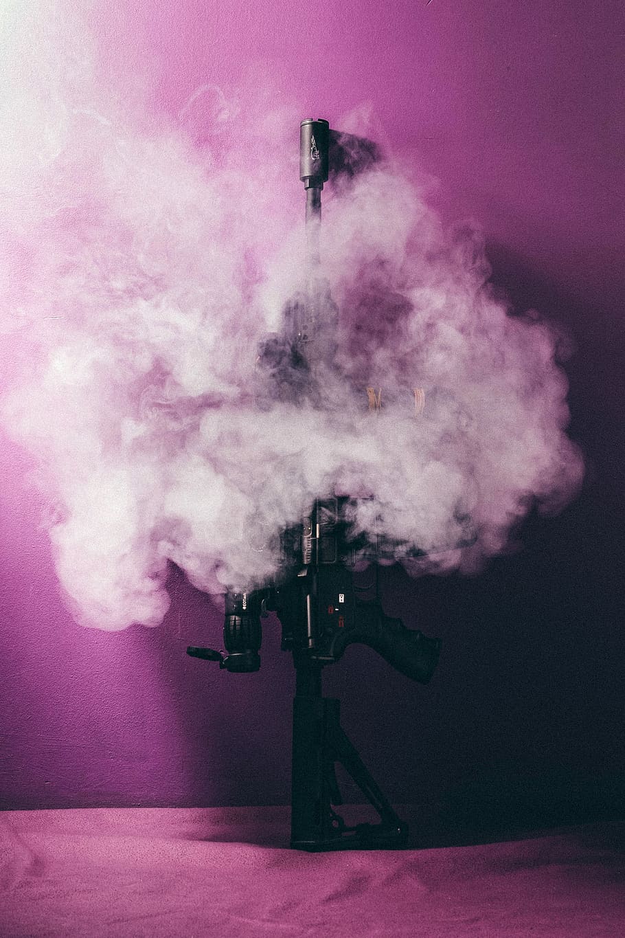 black assault rifle splash art, war, bullet, smoke, aim, pink color HD wallpaper