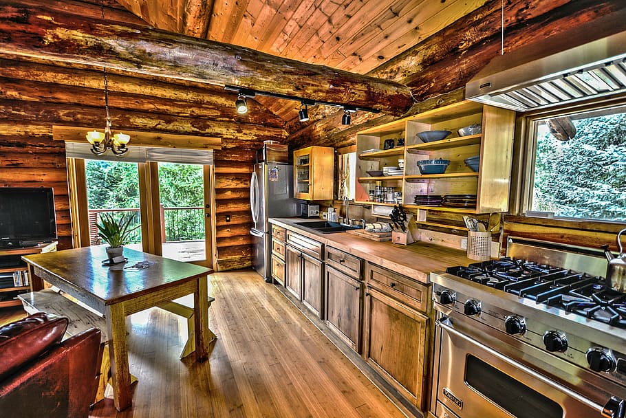 rectangular brown wooden table, hdr, logs, log home, log cabin