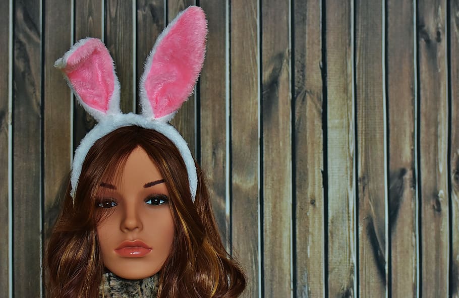 brown haired doll with bunny headband, easter, greeting card HD wallpaper