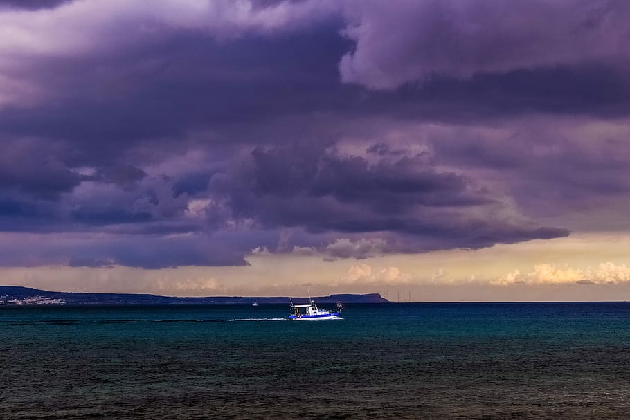 Sea, Clouds, Stormy, Boat, Nature, sky, horizon, calm, serenity HD wallpaper