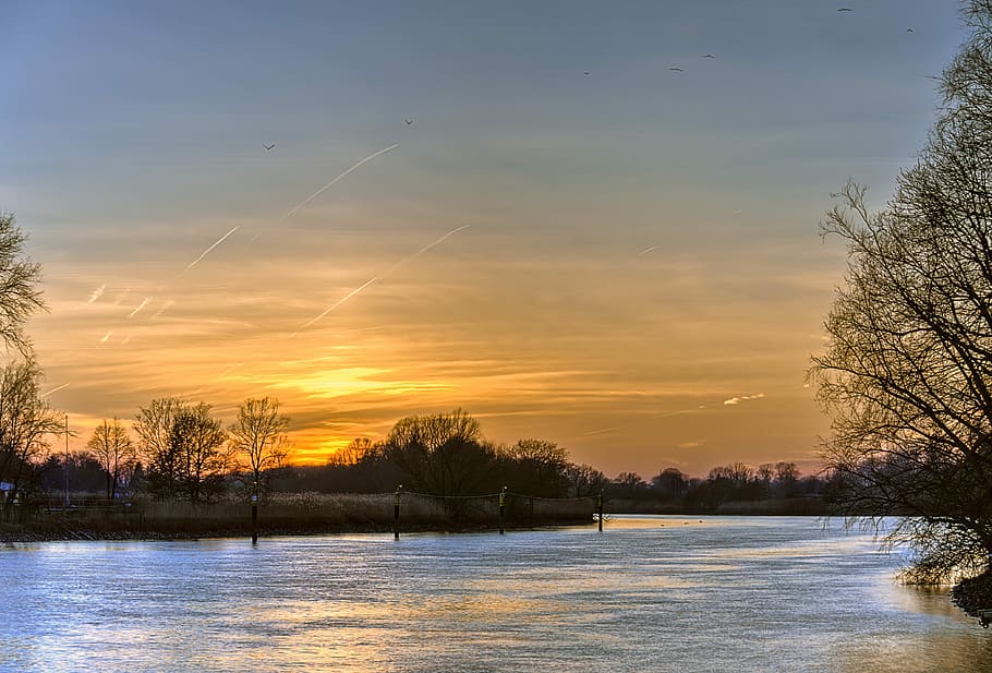 dawn, nature, sunset, tree, waters, sky, beauty in nature, scenics - nature HD wallpaper